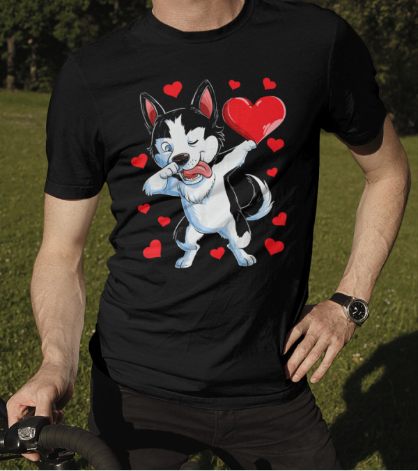 Dabbing Siberian Husky Valentine's Day With Red Hearts T-Shirt
