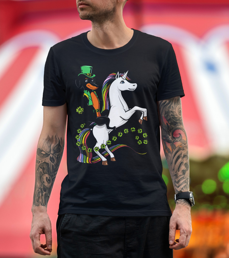 Dachshund Wiener Dog in Leprechaun Outfit Riding Rainbow Unicorn with Shamrocks T-Shirt