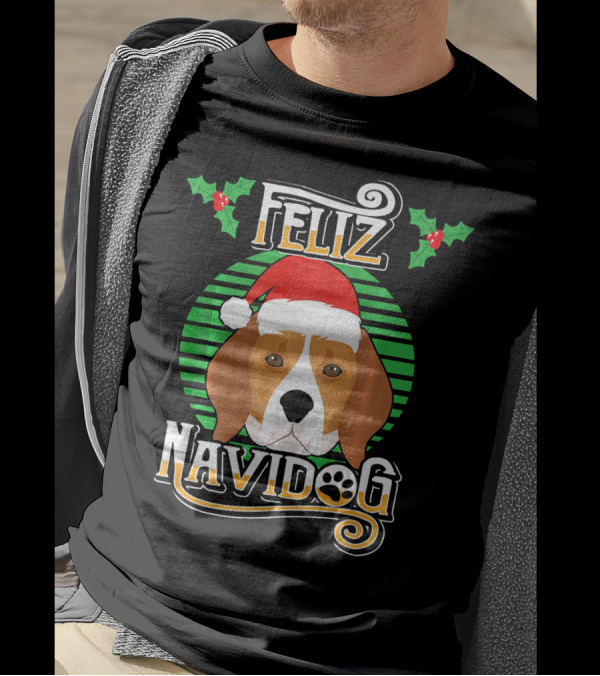 Feliz Navidog Beagle Dog Holiday Merry Christmas Santa Hat Holly T-Shirt