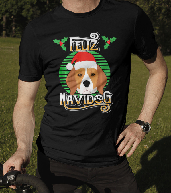 Feliz Navidog Beagle Dog Holiday Merry Christmas Santa Hat Holly T-Shirt