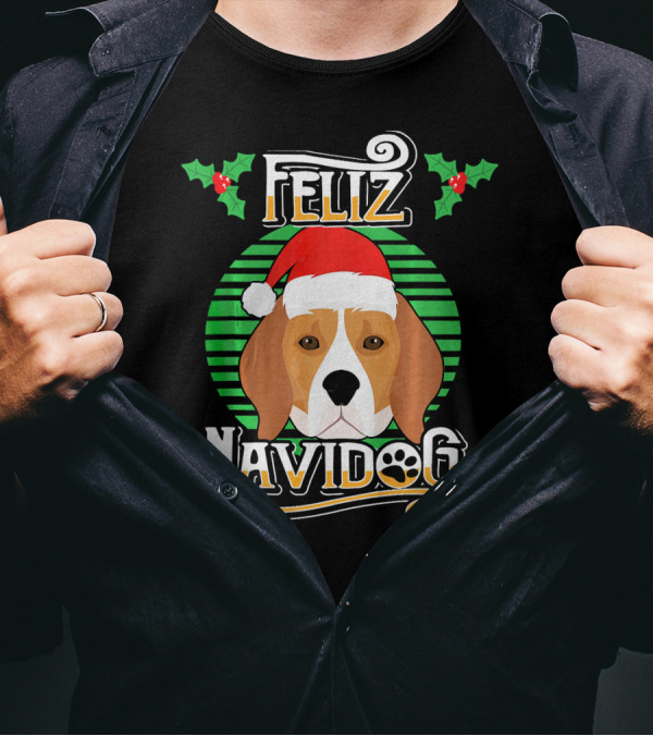 Feliz Navidog Beagle Dog Holiday Merry Christmas Santa Hat Holly T-Shirt