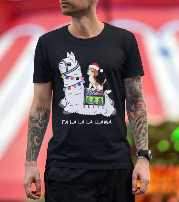 Premium T-Shirt: Fa La La La La Llama Santa Beagle on Festive Llama T-Shirt Fa La La La La Llama Santa Beagle on Festive Llama T-Shirt