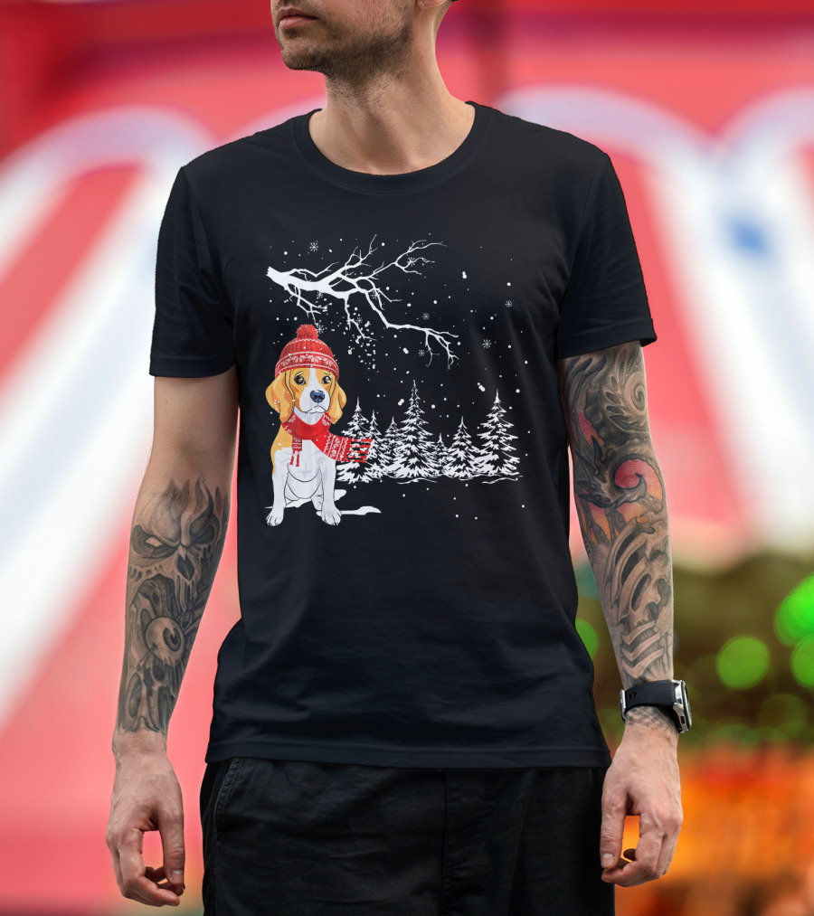 Funny Beagle Dog in Winter Snow Scene with Trees and Red Hat T-Shirt
