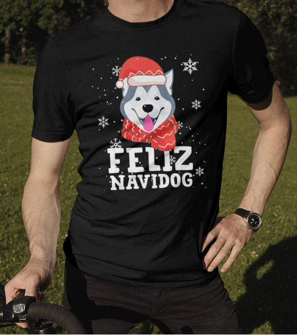 Feliz Navidog Siberian Husky Christmas Santa Hat And Scarf T-Shirt
