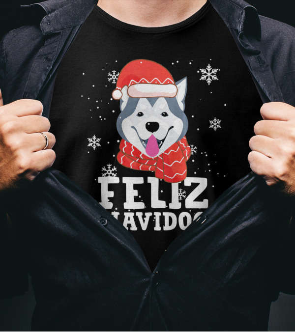 Feliz Navidog Siberian Husky Christmas Santa Hat And Scarf T-Shirt