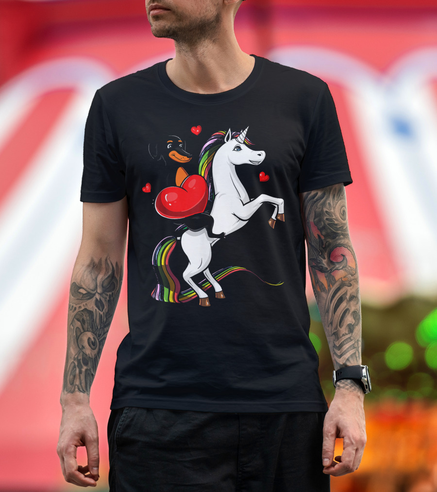 Dachshund Wiener Dog Riding Unicorn With Heart and Rainbow Details T-Shirt