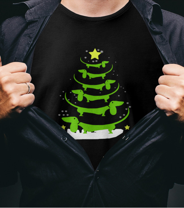 Dachshund Through The Snow Christmas Tree With Stars And Snowflakes T-Shirt