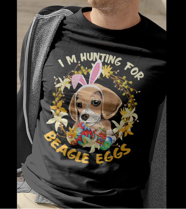 I'm Hunting For Beagle Eggs Easter Puppy With Bunny Ears And Colorful Floral Wreath T-Shirt