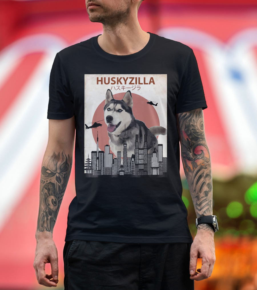 Huskyzilla Siberian Husky Helicopters Japanese Text Cityscape T-Shirt