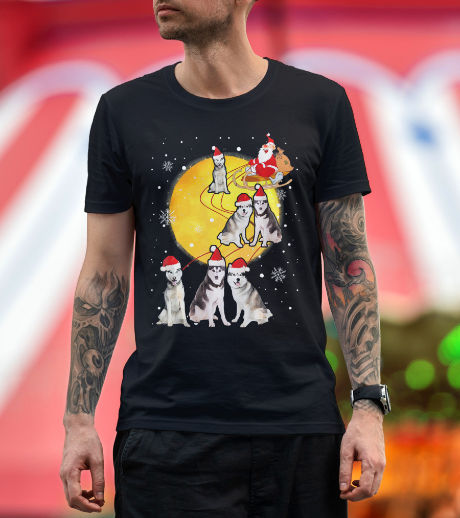 Husky Love Reindeer Christmas with Santa Funny Husky Santa Hats T-Shirt