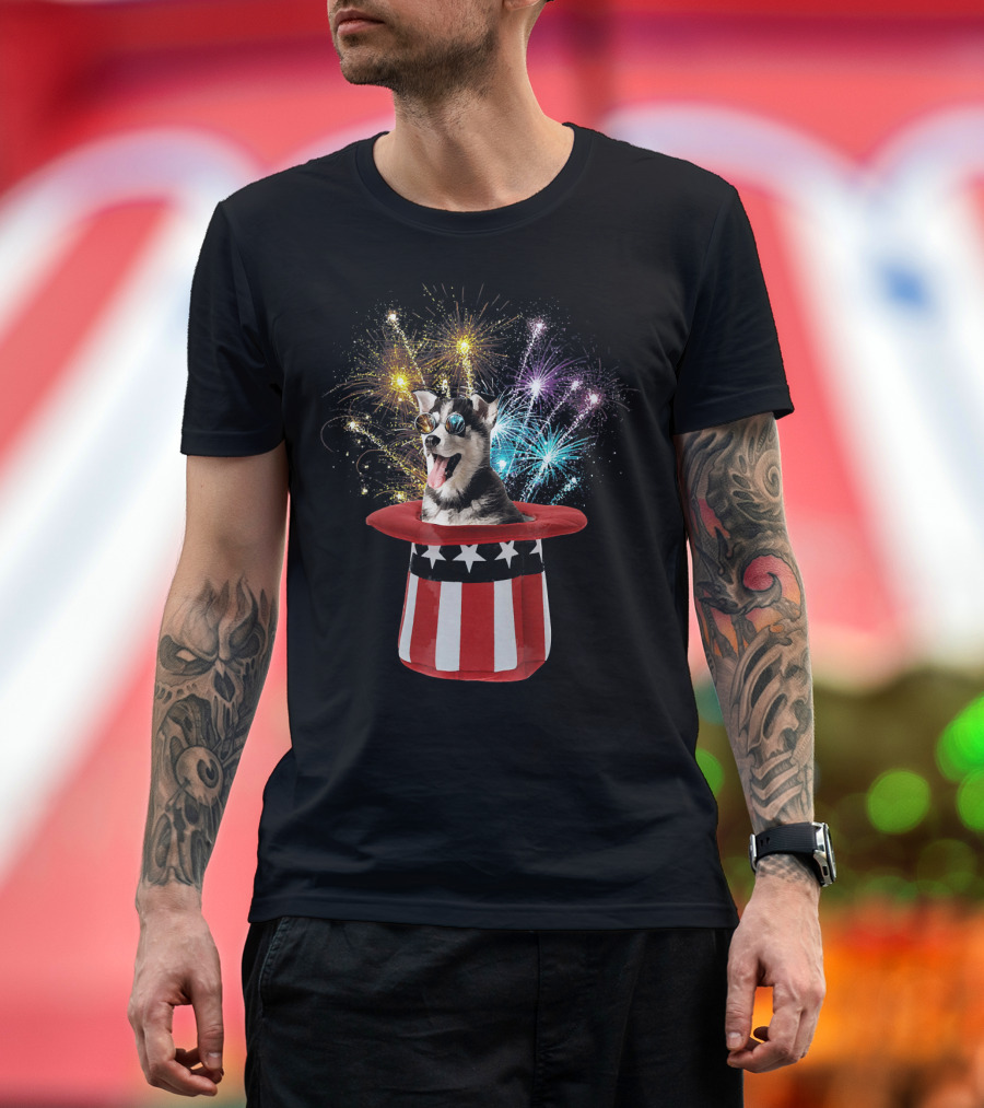 Patriotic Husky in Star-Spangled Top Hat with Fireworks T-Shirt
