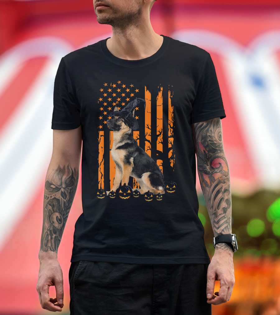 Happy Halloween German Shepherd Witch Hat Pumpkin American Flag T-Shirt