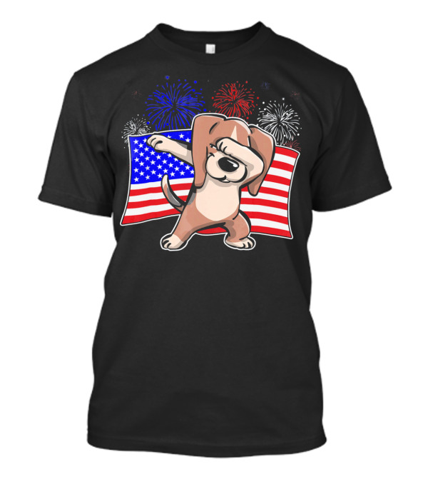Independence Day Dabbing Beagle American Flag Fireworks T-Shirt