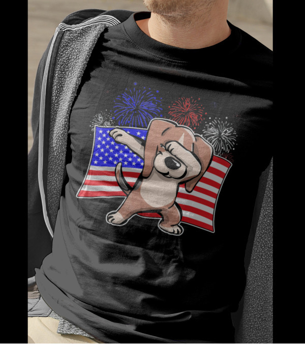 Independence Day Dabbing Beagle American Flag Fireworks T-Shirt