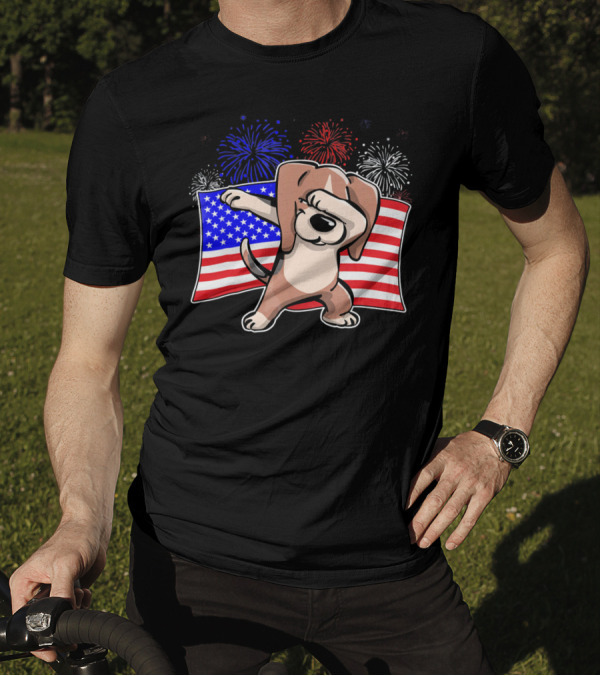 Independence Day Dabbing Beagle American Flag Fireworks T-Shirt