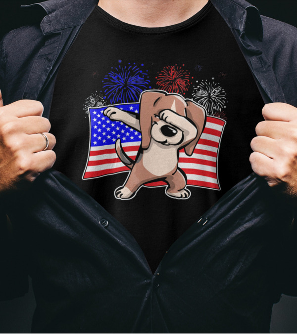 Independence Day Dabbing Beagle American Flag Fireworks T-Shirt