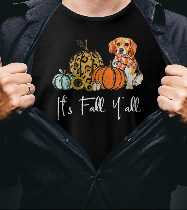 It's Fall Y'all Pumpkin Beagle With Autumn Scarf And Sunflowers T-Shirt