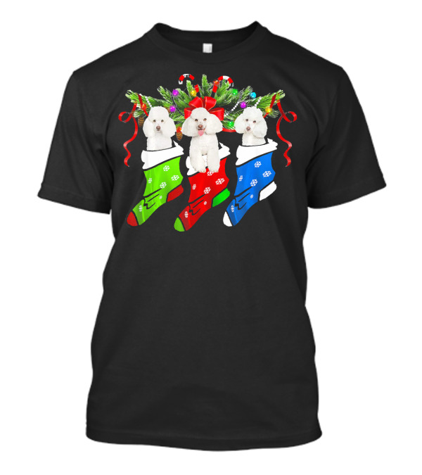Three Funny Poodles In Christmas Stockings With Festive Decorations T-Shirt