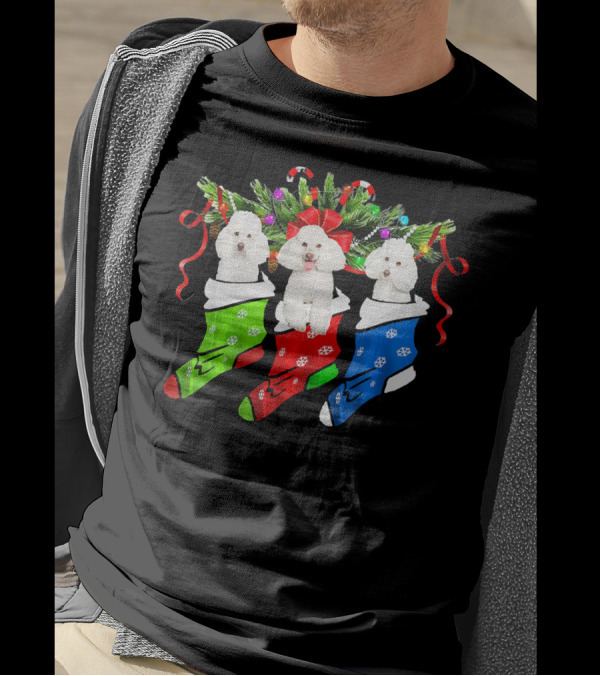 Three Funny Poodles In Christmas Stockings With Festive Decorations T-Shirt