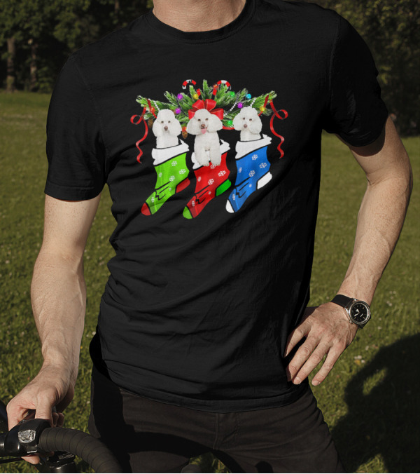 Three Funny Poodles In Christmas Stockings With Festive Decorations T-Shirt