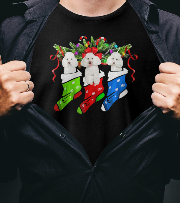 Three Funny Poodles In Christmas Stockings With Festive Decorations T-Shirt
