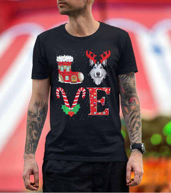 Premium T-Shirt: I Love My Husky Reindeer Horns Candy Cane Christmas Boot Snowflakes T-Shirt I Love My Husky Reindeer Horns Candy Cane Christmas Boot Snowflakes T-Shirt