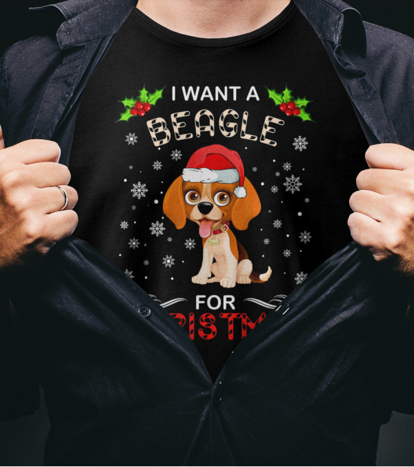 I Want A Beagle For Christmas With Santa Hat Snowflakes Holly T-Shirt