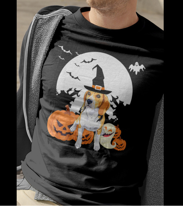 Halloween Beagle Witch With Pumpkins And Ghosts T-Shirt