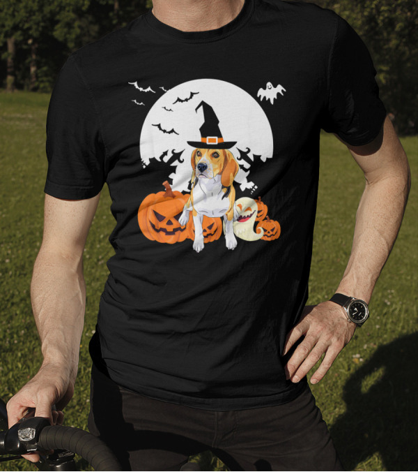 Halloween Beagle Witch With Pumpkins And Ghosts T-Shirt