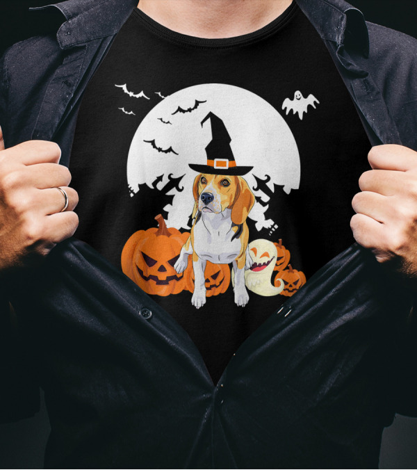 Halloween Beagle Witch With Pumpkins And Ghosts T-Shirt