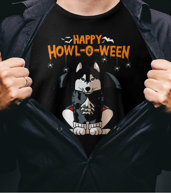 Happy Howl-O-Ween Siberian Husky Vampire With Bats And Spiders T-Shirt