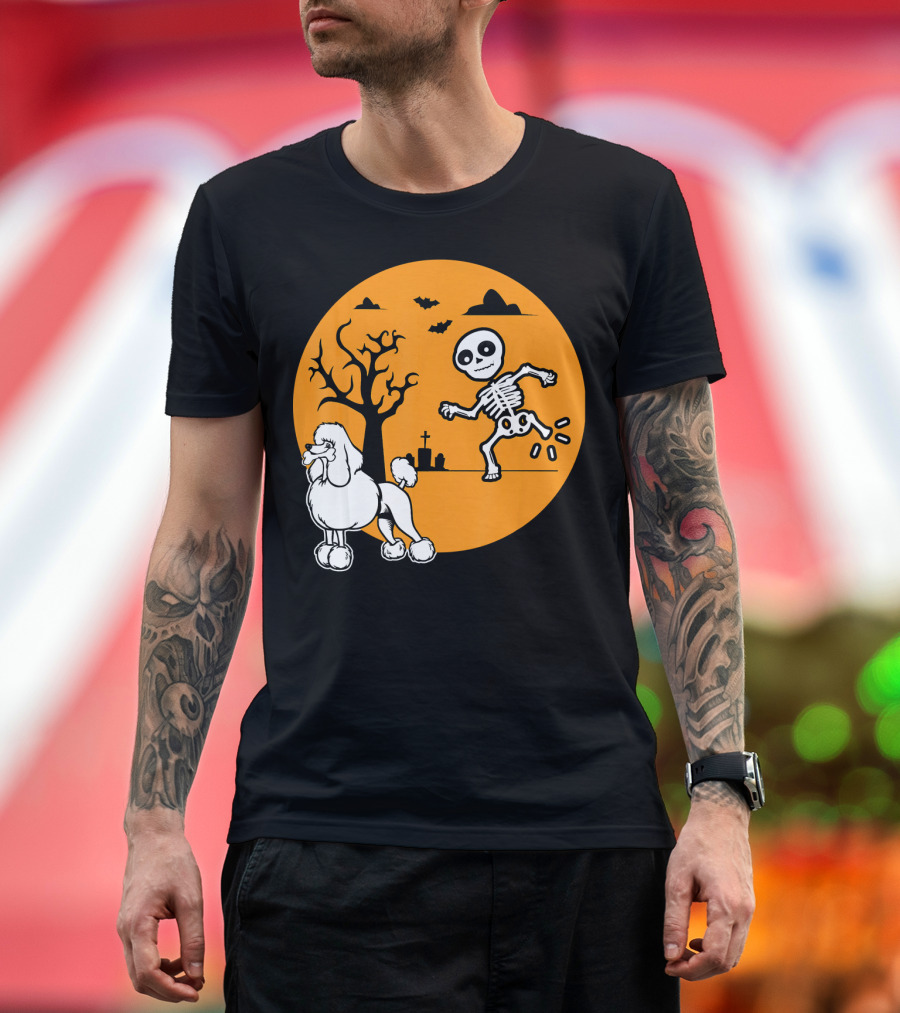Funny Poodle Skeleton Bone Halloween Cos Graveyard Moon Scene T-Shirt