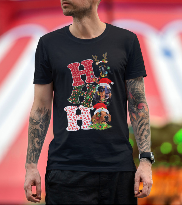Premium T-Shirt: Santa Ho Ho Ho Dachshund Dog Christmas Reindeer Lights T-Shirt Santa Ho Ho Ho Dachshund Dog Christmas Reindeer Lights T-Shirt