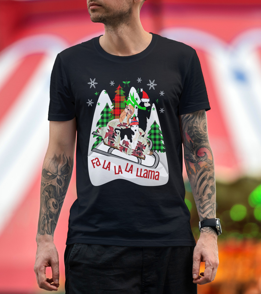 Fa La La La Llama Christmas Sledding with Santa Hats T-Shirt