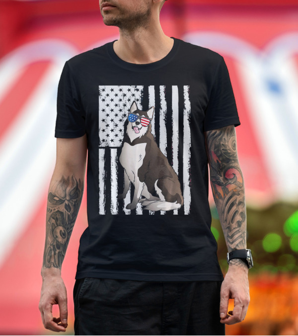 Premium T-Shirt: Patriotic Siberian Husky Dog with American Flag Glasses and Starry Stripes Background T-Shirt Patriotic Siberian Husky Dog with American Flag Glasses and Starry Stripes Background T-Shirt