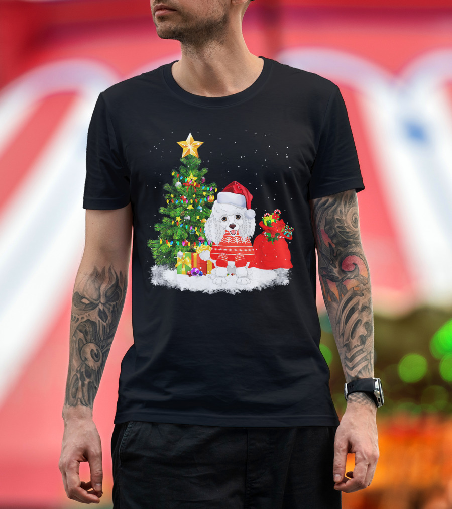 Poodle Dog Christmas Tree Santa Hat Festive Scene T-Shirt