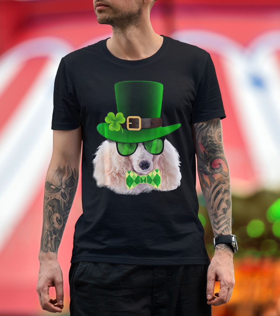 Poodle in Green Leprechaun Hat with Clover and Argyle Bow Tie T-Shirt