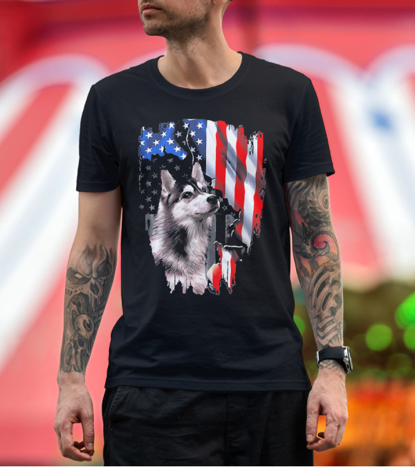 Premium T-Shirt: Siberian Husky Dog with American Flag T-Shirt Siberian Husky Dog with American Flag T-Shirt