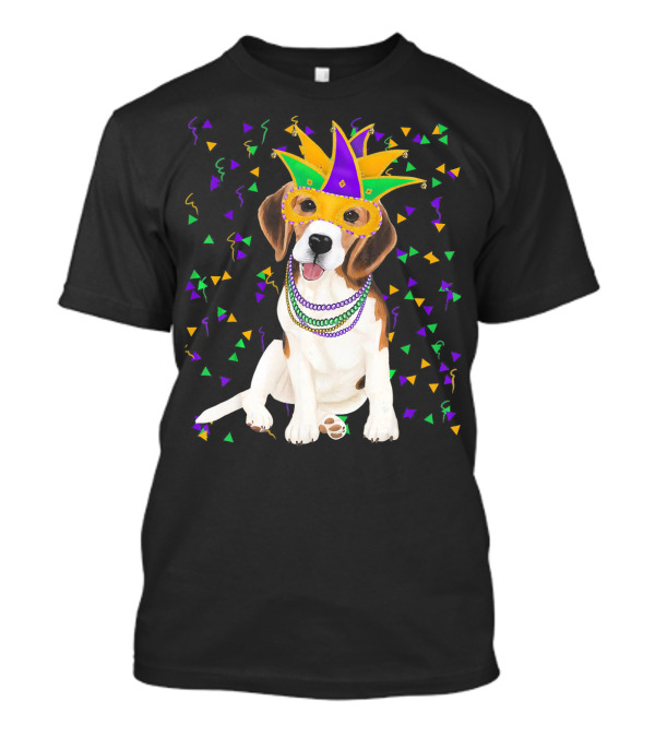 Mardi Gras Beagle With Mask And Beads Among Colorful Confetti T-Shirt