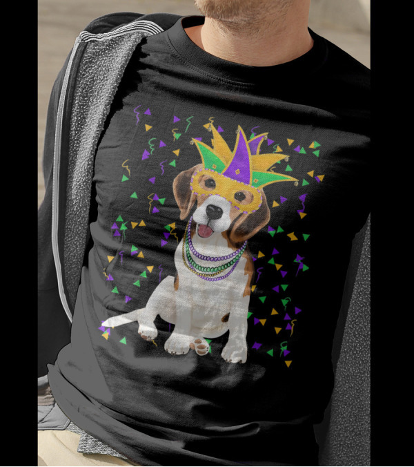 Mardi Gras Beagle With Mask And Beads Among Colorful Confetti T-Shirt