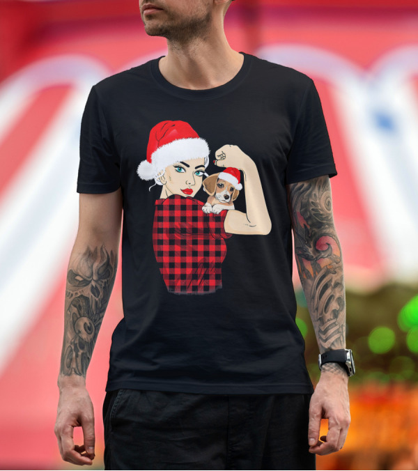 Premium T-Shirt: Plaid Christmas Woman with Beagle Dog in Santa Hats T-Shirt Plaid Christmas Woman with Beagle Dog in Santa Hats T-Shirt