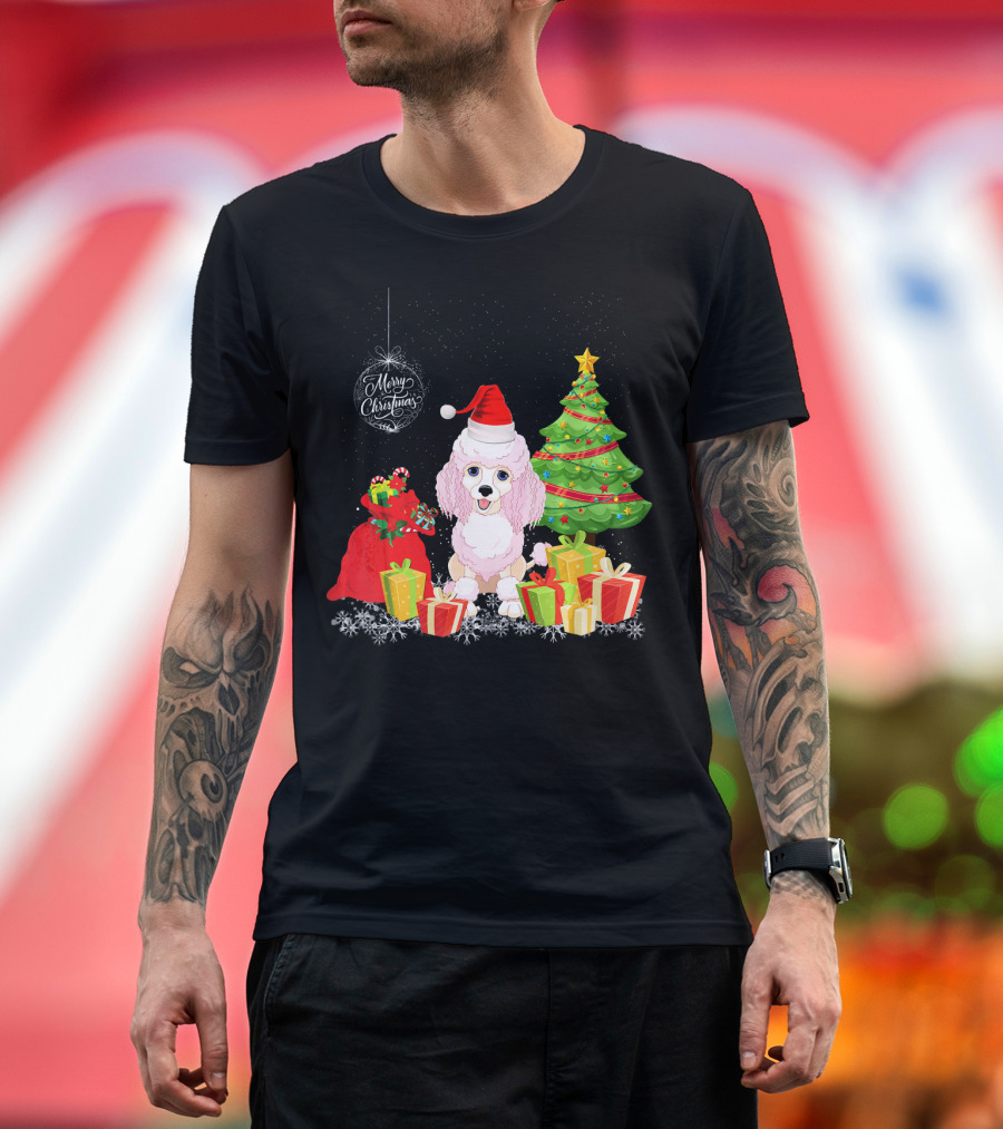 Merry Christmas Poodle with Festive Tree and Gifts T-Shirt