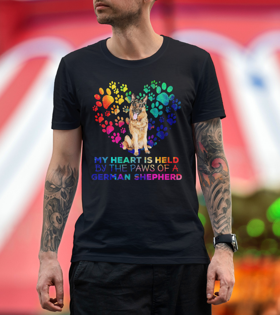 My Heart Is Held By The Paws Of A German Shepherd Rainbow Paw Print Heart T-Shirt