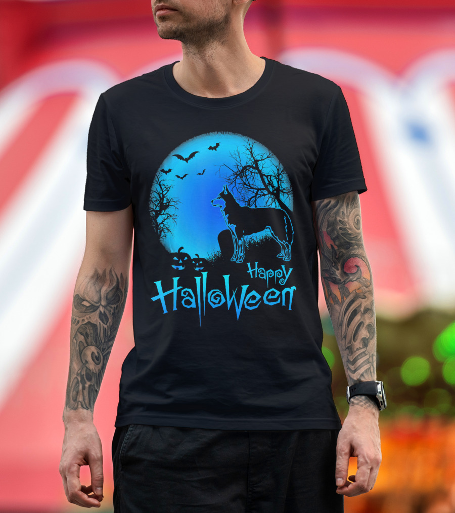 Happy Halloween Siberian Husky Moon Bats Pumpkins T-Shirt