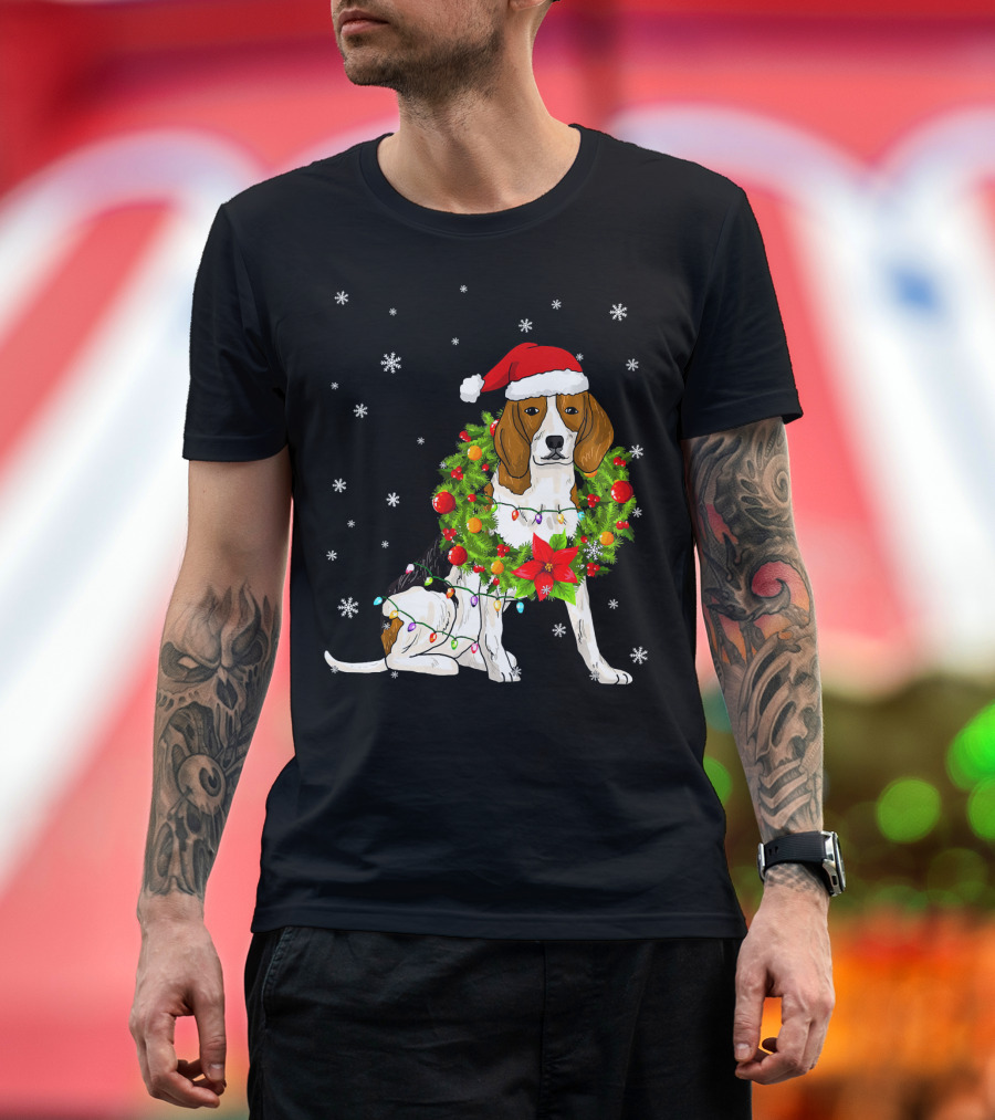 Santa Beagle with Christmas Lights and Wreath Snowflakes T-Shirt