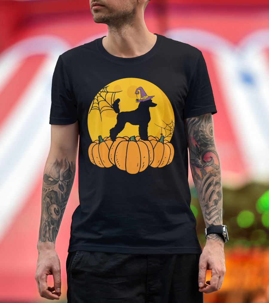 Poodle Halloween Pumpkin Witch Hat Full Moon and Webs T-Shirt