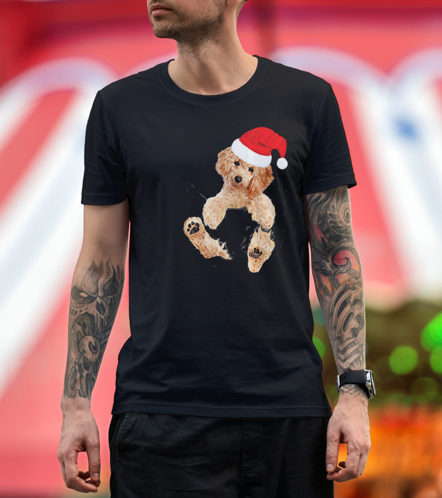 Poodle in Santa Hat Christmas Pocket T-Shirt
