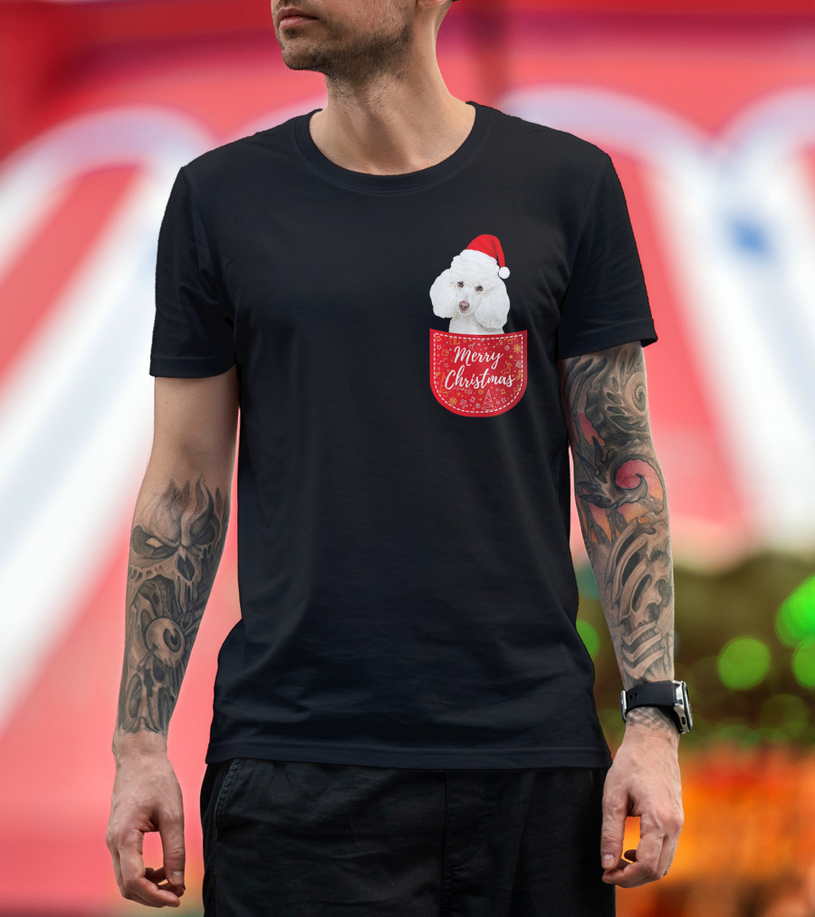 Merry Christmas Poodle Dog in Santa Hat Pocket T-Shirt