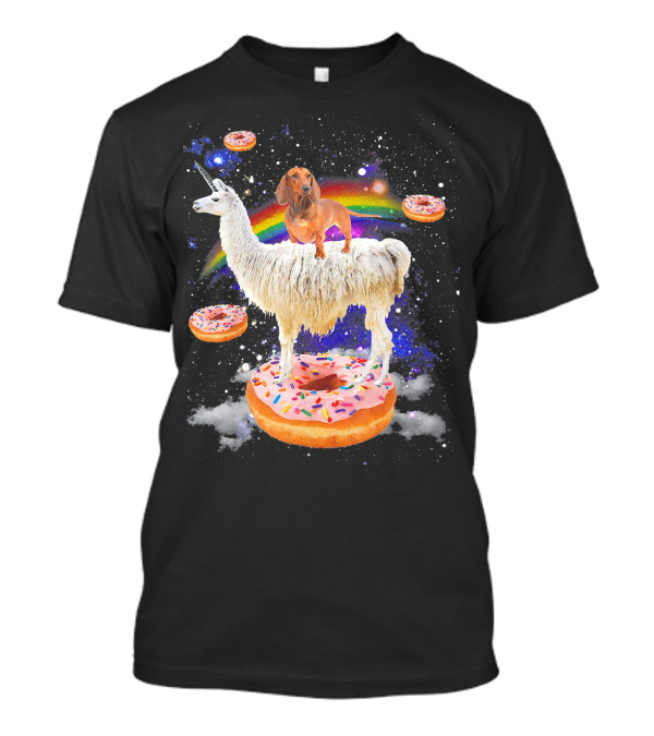 Space Adventure Dachshund On Llama Unicorn With Rainbow And Donuts T-Shirt