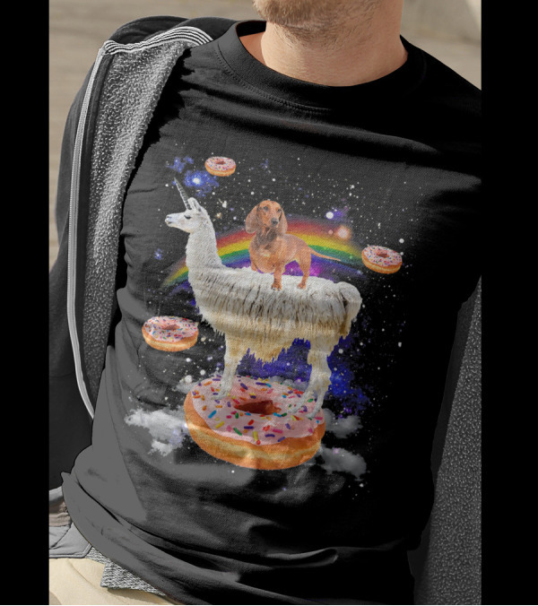 Space Adventure Dachshund On Llama Unicorn With Rainbow And Donuts T-Shirt